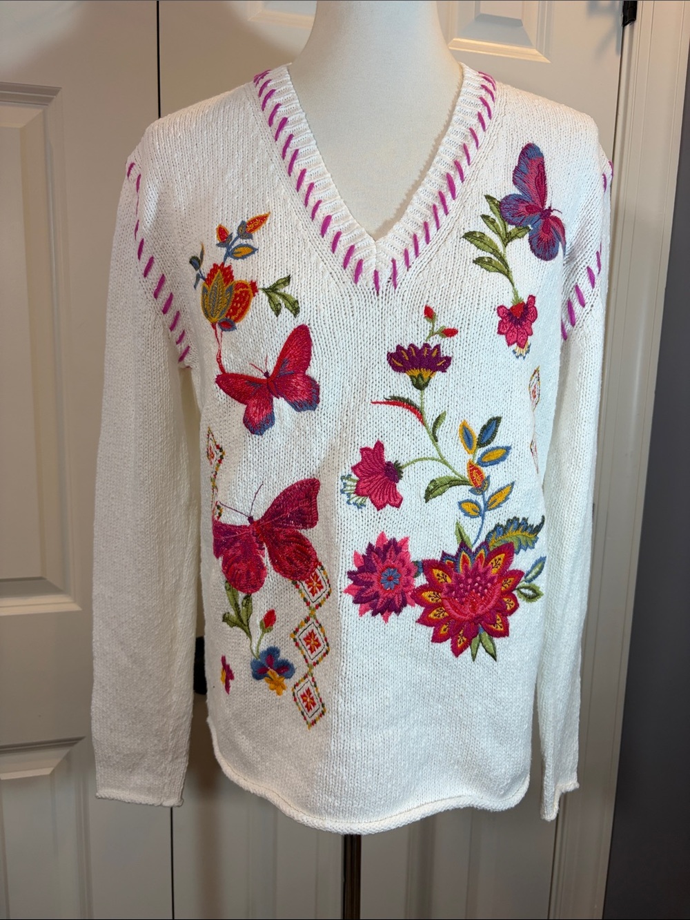 White V-Neck Sweater with Pink Floral & Butterfly Embroidery by